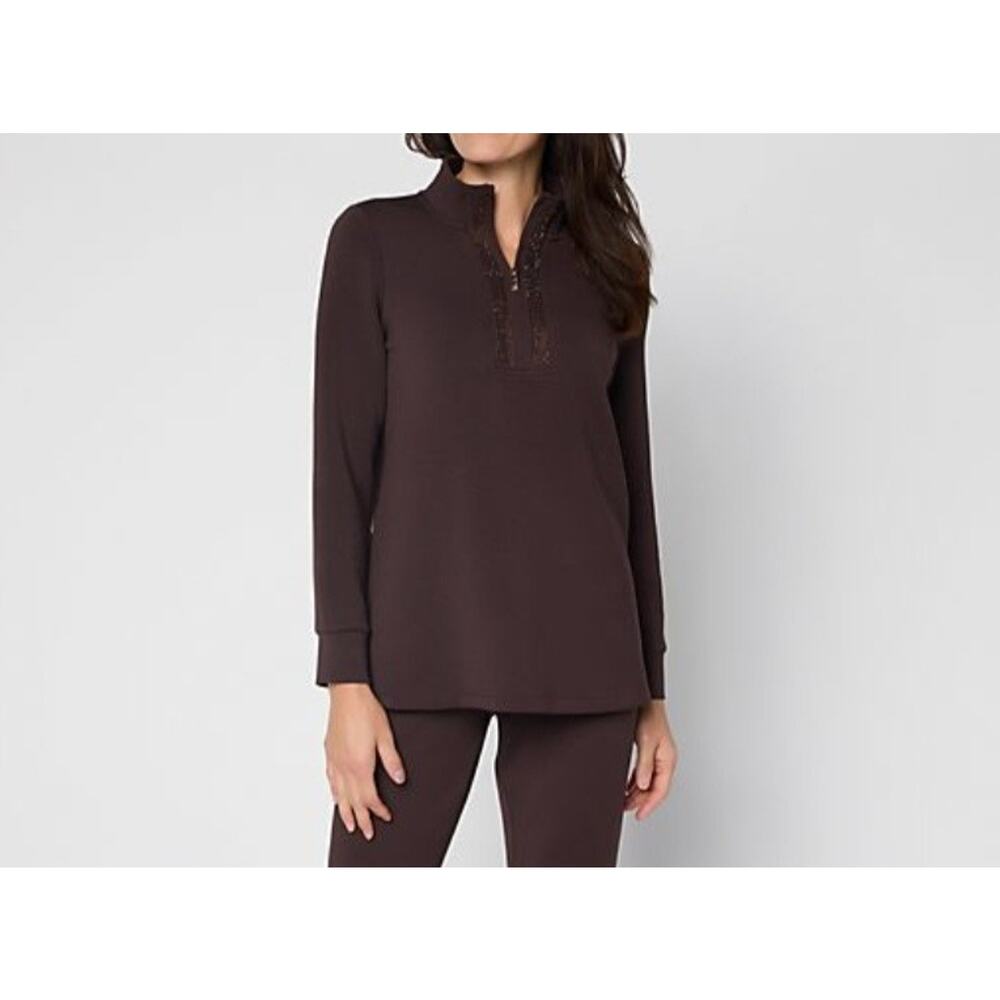 Belle KimGravel Petite L Chocolate Scubaluxe Sparkle Half Zip Tunic A710227 NWOT